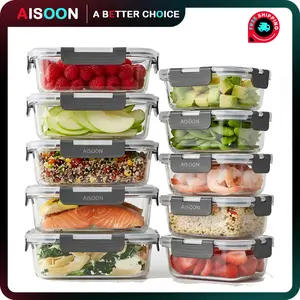 AISOON 10 Pack 36oz Borosilicate Glass Food Storage Containers (5 x 13oz + 5 x 36oz) – Airtight, Freezer & Oven Safe – Meal Prep Containers for Kitchen & Pantry Organization