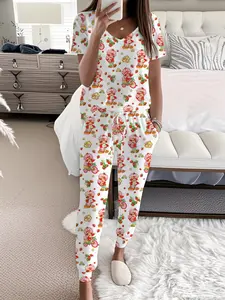 Strawberry Heart Cartoon Print Casual Pajama Set, Short Sleeve V Neck Top and Tie Pants, Loose-Fitting Home Wear Loungewear Sleepwear