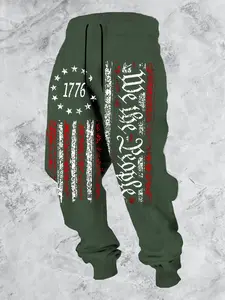 Men's patriotic 1776 flag and Declaration of Independence printed running pants - casual sports ankle pants with drawstring, machine washable polyester fiber, perfect for celebrating