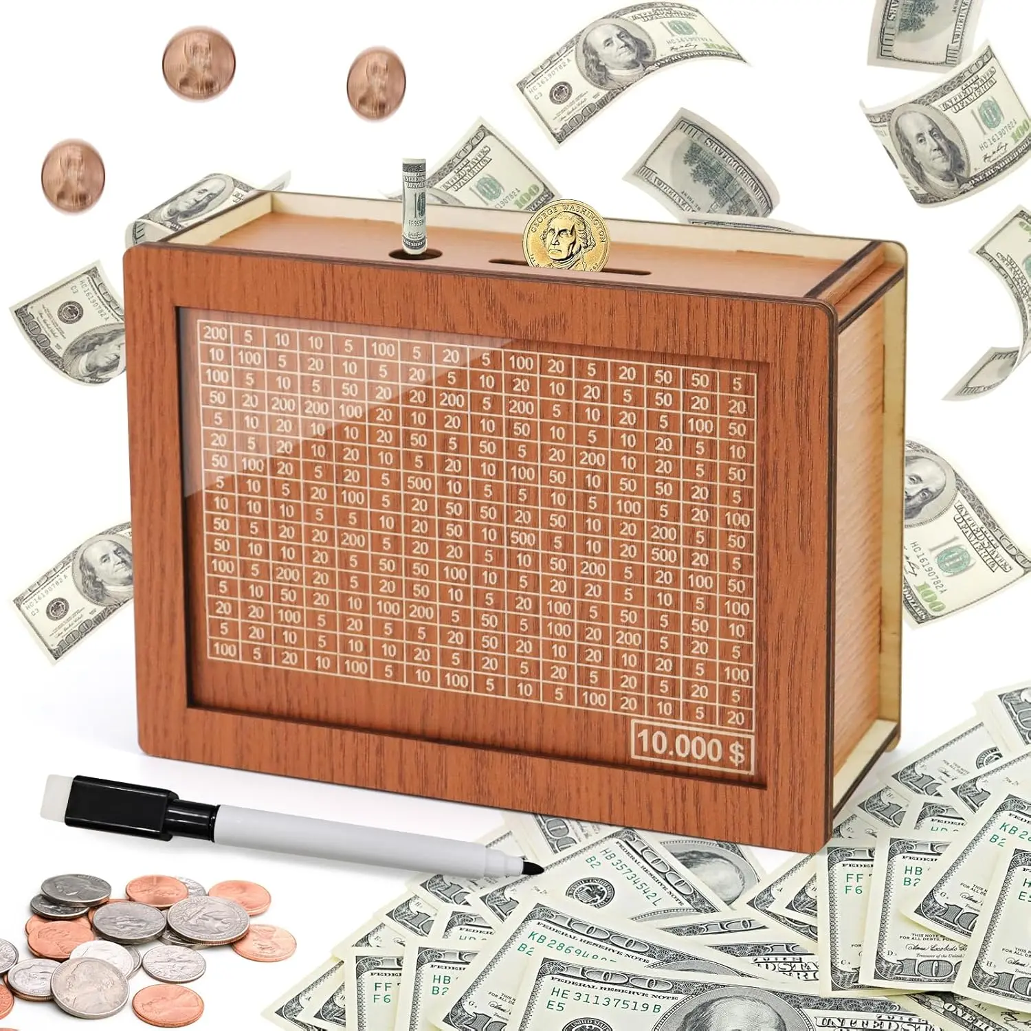 Wooden Cash Saving Box, Piggy Bank For Kids & Adults, 10000 Savings Challege Box with Counting Target, Birthday Xmas Gifts for Adults, Kids