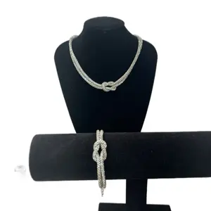 Silver One Knot Necklace & Bracelet Set Rhinestone Crystal Matching Set for Elegant Outfits