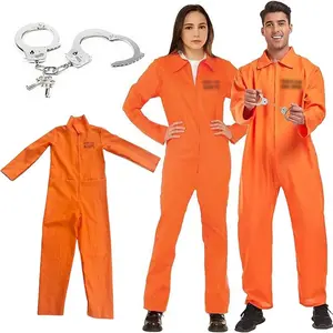 Qiweiss Adults Inmate Halloween Costume Letter Print Zipper Long Sleeves Prisoner Jumpsuit for Women Men Cosplay Party Outfits