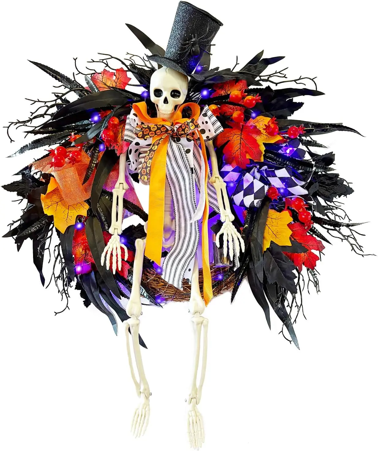 28 Inch Halloween Skeleton Wreath for Front Door with Lights| Lighted Gothic Dark Door Wreath with Autumn Leaves Indoor Decorations Centerpiece Wall Home Decor