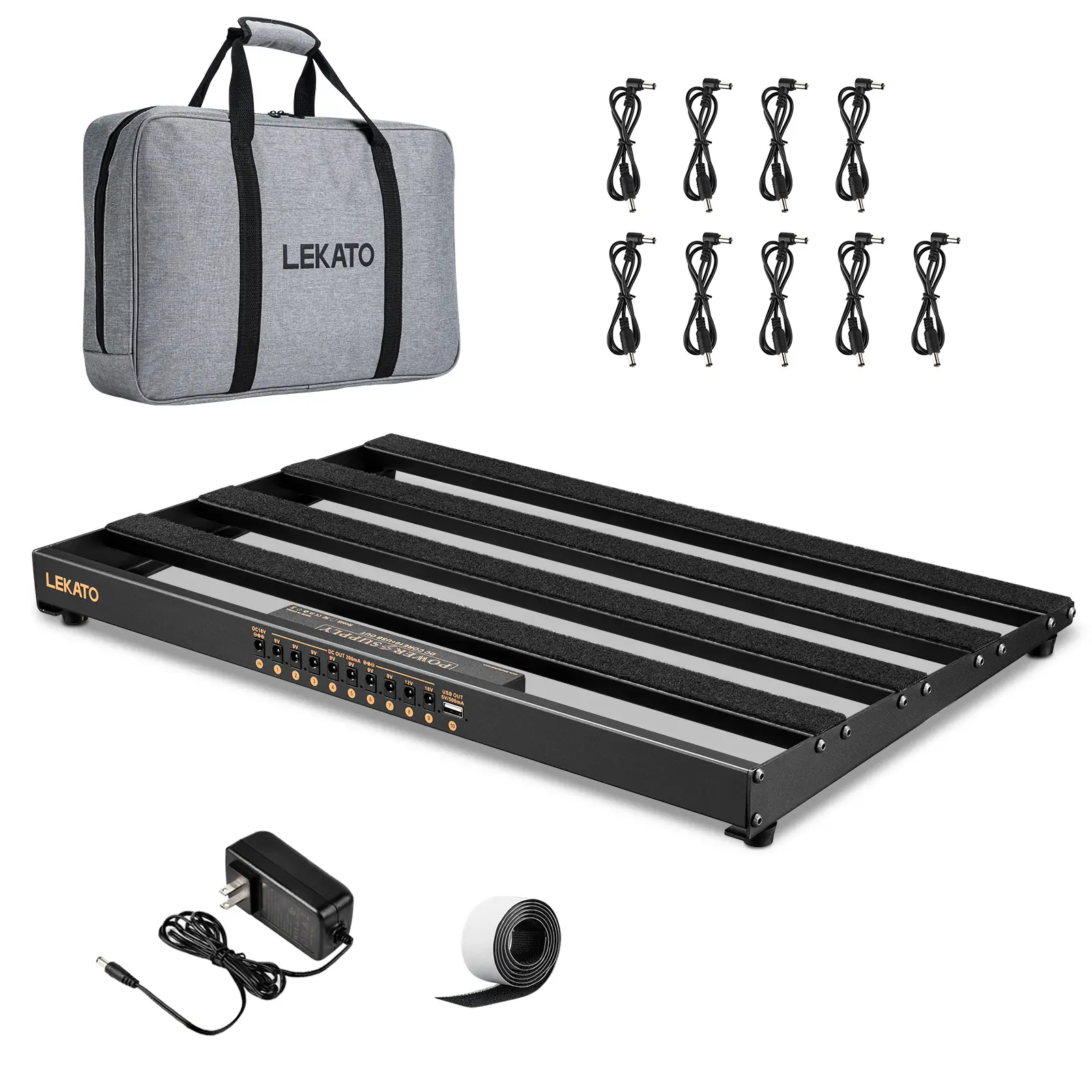 LEKATO Pedalboard, Pedal Board with Built-in Power Supply, 19x12.2x1.8" 2.97LB, Aluminium Alloy Guitar Pedal Board with Carry Bag, Pedal Cables, Adhesive Hookside Tape