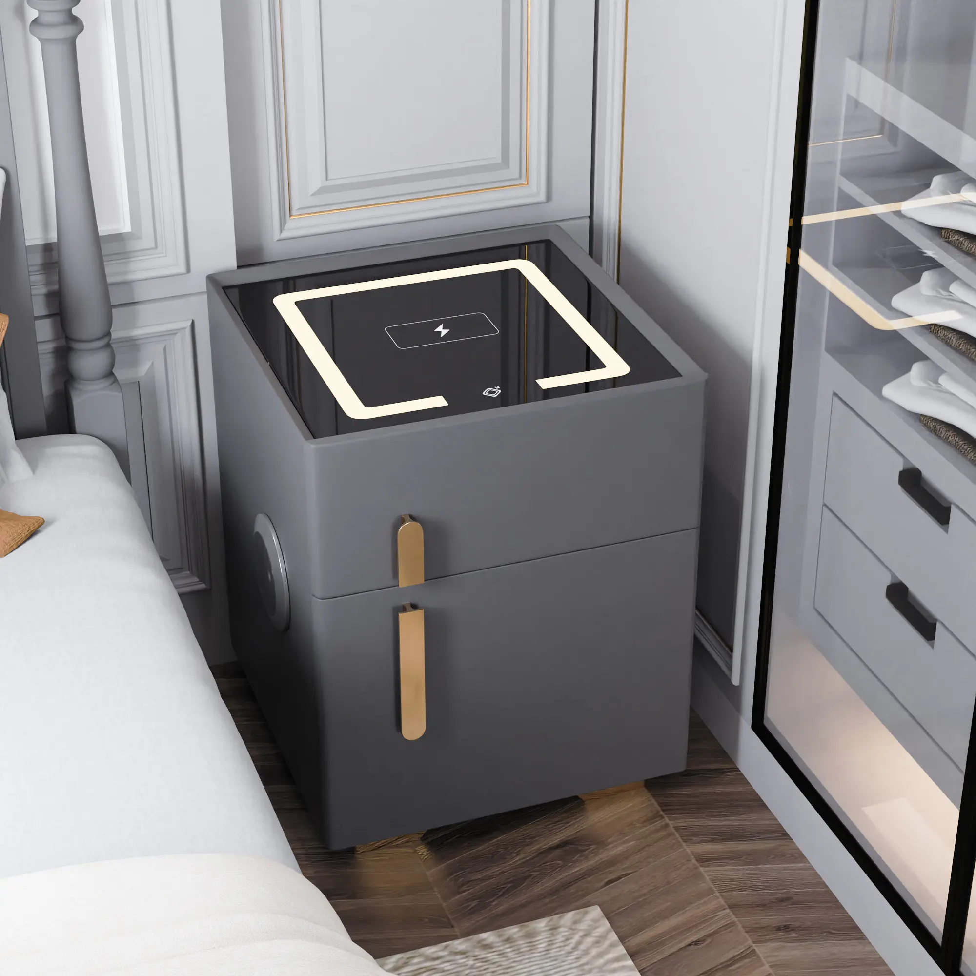 Smart Nightstand With Safe Box And Led Lights And Wireless Charge And Bluetooth Speaker bed  tables top charging station bed side table