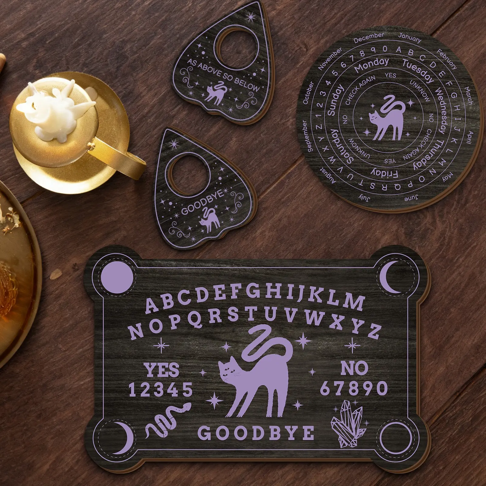 Vintage Ouija Board Game Set with Mystical Symbols, Candle Magic, Desktop Witchcraft Divination Tool, Farmhouse Home Decor, No Batteries Needed