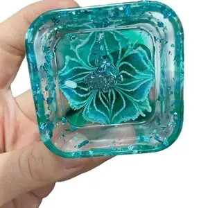 EpoxyBin Small Trinket Tray - Decorative Plates with Unique Flower Bloom Floral Design OR Marble and Glitter Accents in Square or Heart Shaped Design