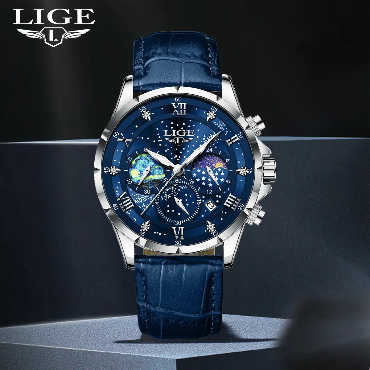 LIGE Ultrathin Disc Moon Phase Calendar Multifunctional Quartz Leather Strap Watch waterproof vintage luminous decoration fashion Men gift large round