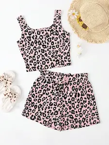 Tween Girl Summer Fashion Cute Leopard Print Beach Set, Trendy Sleeveless Top and Shorts, Stylish and Comfortable for Play
