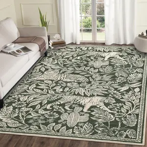 GARVEE Tiger 5x7 Area Rug Washable Modern Living Room Rugs Non Slip Green Rugs for Bedroom Ultra Thin Vintage Throw Carpet Retro Accent Floor Cover Indoor Contemporary Mat for Dining Room Home Office
