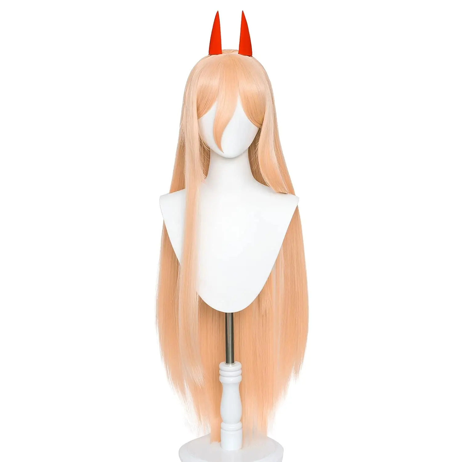 Power Cosplay Wigs for Anime Long Orange Wig with Horns for Halloween Costume Party Adult Hair Wig