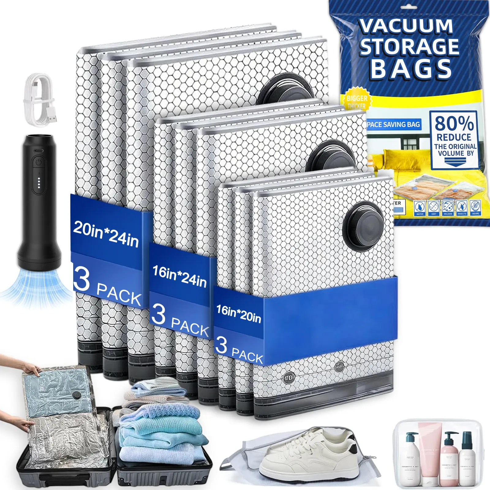 Cordless Travel Vacuum Compression Bag Set for Carry-On Suitcases (Electric Pump)Compressible Travel Bags, Vacuum Packing Kits, Luggage Packing Organiser
