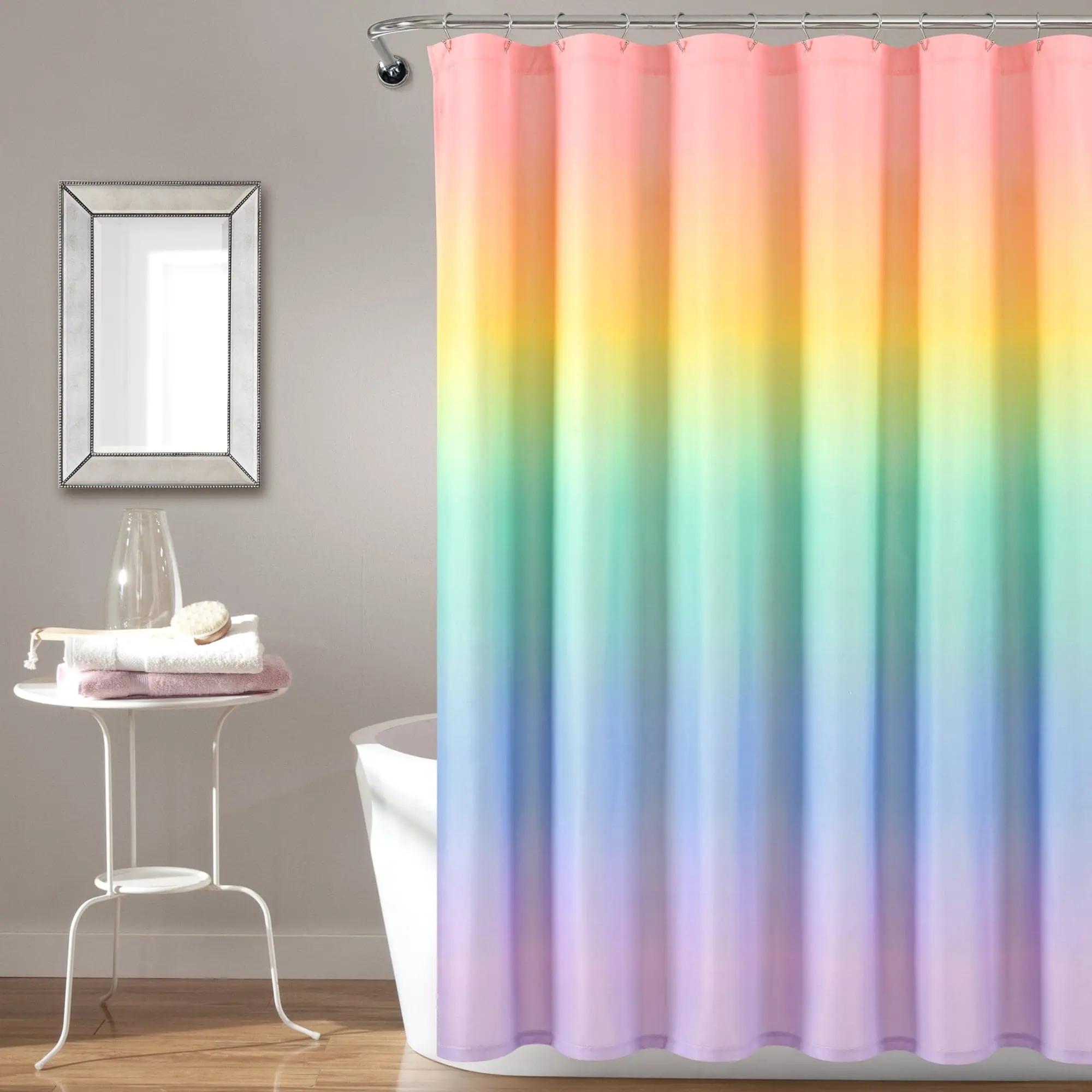 Lush Decor Rainbow Ombre Print Polyester Shower Curtain Set, Colorful Home Decor Bathroom Decoration Accessory for Bathroom Use