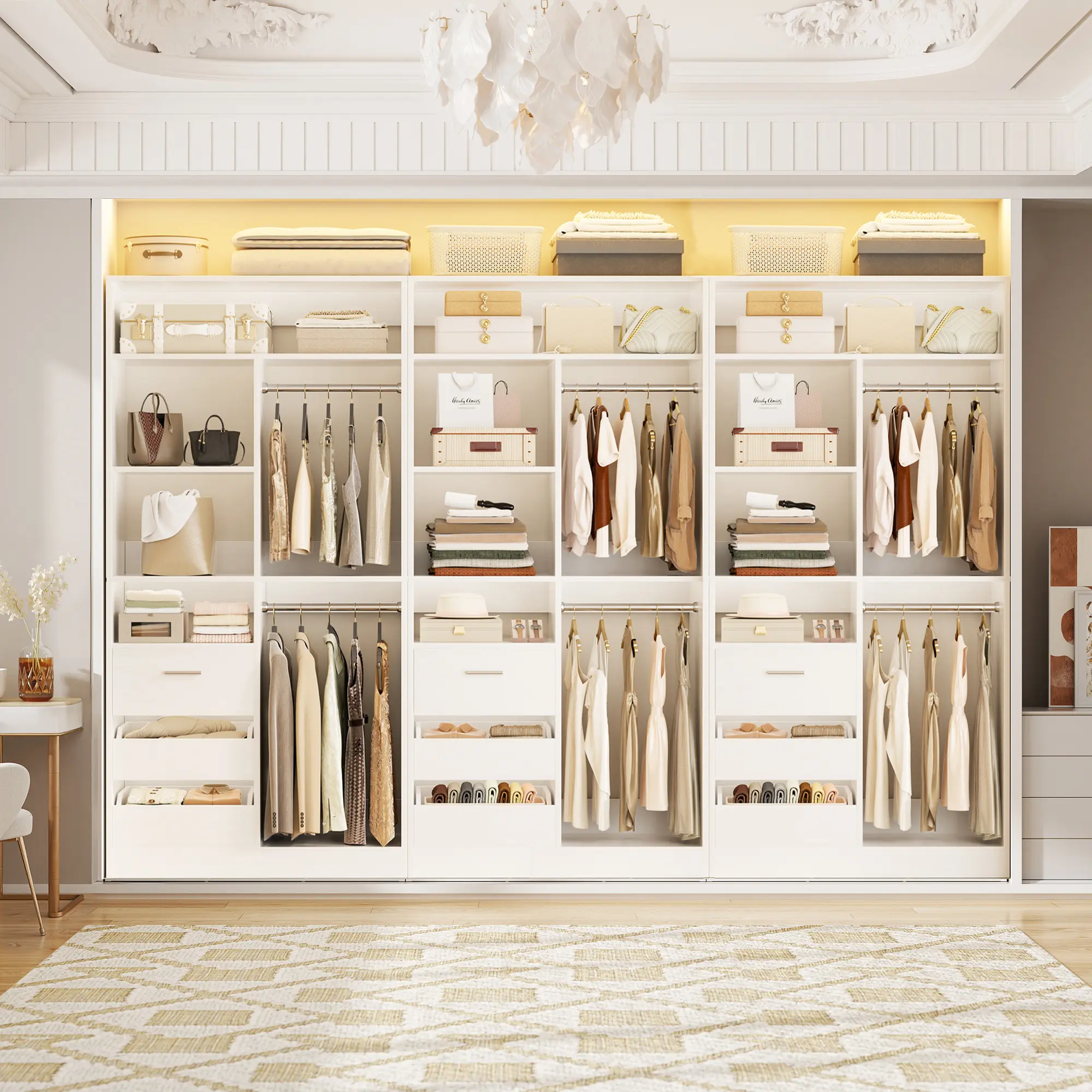 36"-108'' W Freestanding Closet System With Wooden Drawers and Hanging Rods,Modular Walk-in Closet Organizer System Wardrobe Rack with Storage Shelves, Wardrobe Cabinet, Storage Furniture, Closet Storage