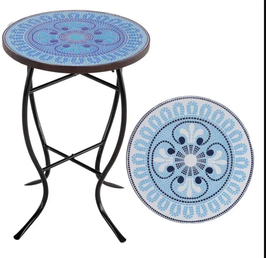Pretty Colorful Mosaic Glass Outdoor Accent Table - Vibrant Tiles Top, Smart Size, Durable Pansies Blue Porch Furniture for Dinner Parties