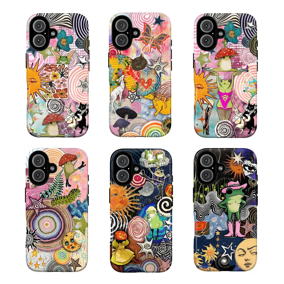 Whimsical Psychedelic Collage Smartphone Case - TPU Waterproof Shockproof Cover for iPhone 7-16, Phone Accessories with Trippy Sun, Mushrooms, Dancing Animals, Frogs, Funky Retro Vibes, Whimsical Unique Gifts, Whimsical Accessories