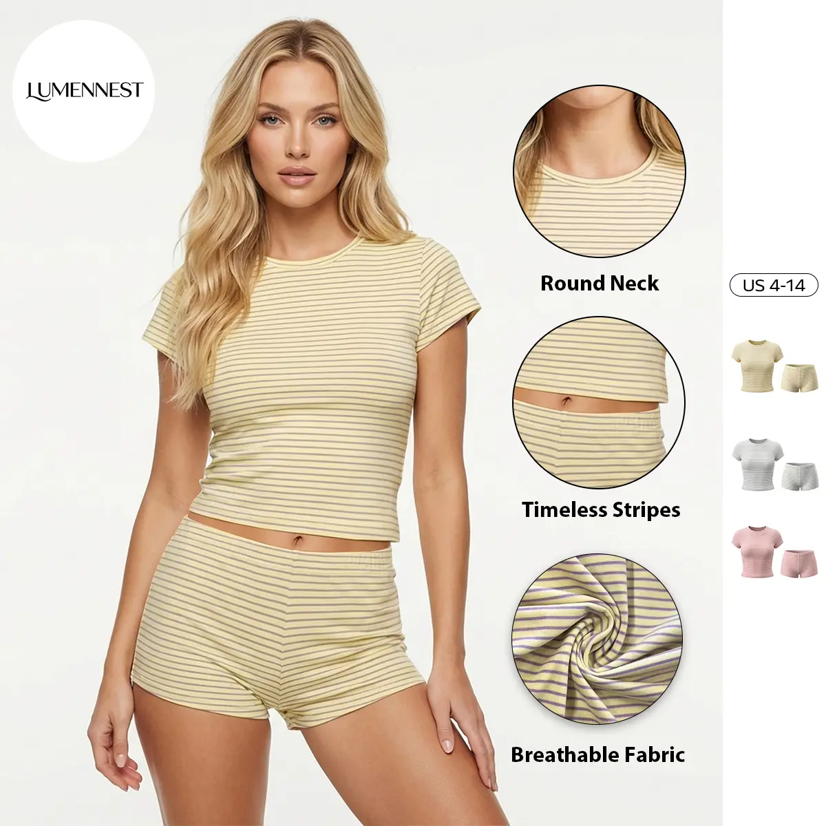 LUMENNEST  Women's Minimalist Round Neck Stripe Short Sleeve Breathable Crop Top & Shorts Co-ord, Simple Style Stretchy Soft Two Piece Outfits, Comfortable Daily Wear