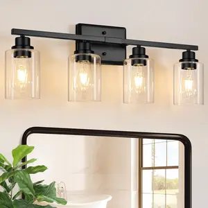 Bathroom Light Fixtures, 4 Light Vanity Lights Over Mirror, Black Wall Lamp with Clear Glass for Living Room Cabinet Bedroom Porch