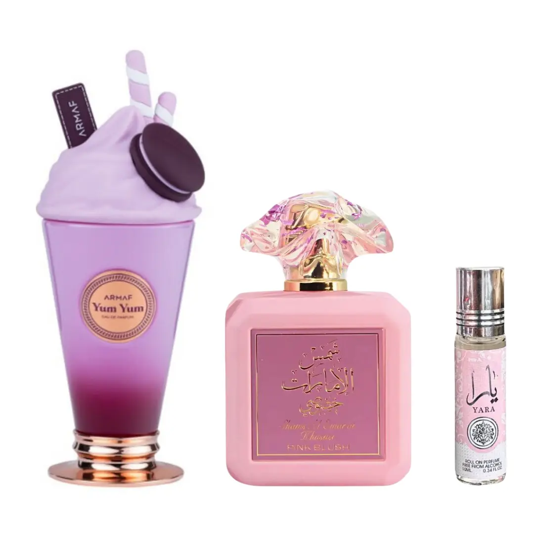 Armaf Women's 3-Piece Full-Size Elegant Fragrance & Beauty Bundle - Yum Yum, Shams Al Emarat Pink Blush, Yara Oil, Floral Amber Fruit-Flavored EDP Sprays with Bergamot Mix, 3.4 fl oz, Full-Size Women's Fragrance