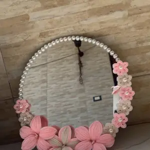 Handmade Pink Floral Decorative Glass Mirror with Pearls, Wall Mounted Mirror for Bedroom Decor, Reflections & Home Decor Accent