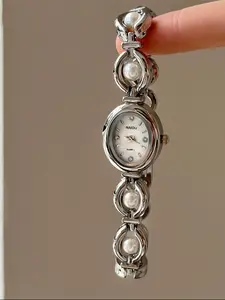 Elegant Vintage Style Pearl Decor Oval Watch for Women, Perfect for Office Commute or Art Exhibition, Ideal for Halloween & Back-To-School Season, Vintage Quartz Watch