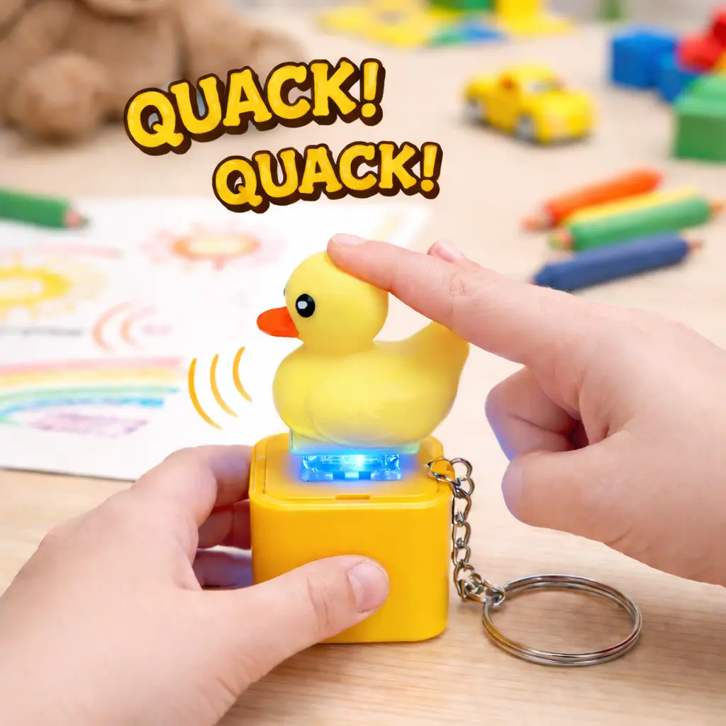 Cute Yellow Duck Quack Sound Fidget Keychain with LED Light, Press Button Stress Relief Toy, Portable Decompression Bag Pendant Gift for Kids Adults