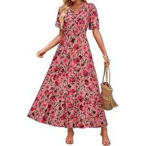 ZESICA Women's 2026 Summer Spring Floral Boho Maxi Dresses Casual Short Sleeve V Neck A Line Flowy Beach Vacation Dress