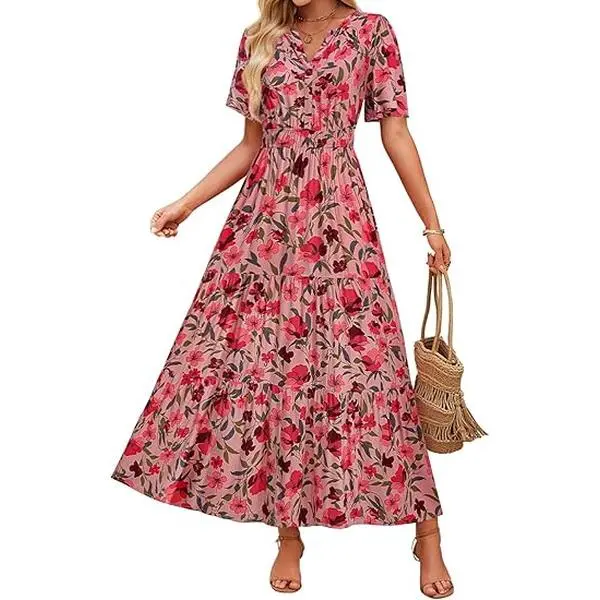 ZESICA Women's 2026 Summer Spring Floral Boho Maxi Dresses Casual Short Sleeve V Neck A Line Flowy Beach Vacation Dress