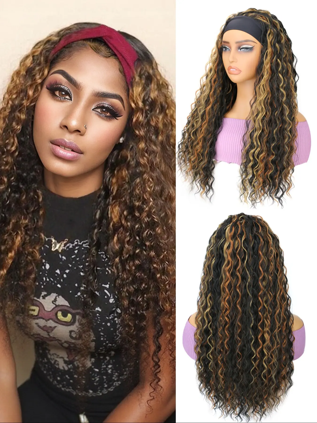 Lehanhair 22 Inch Curly headband Synthetic Woven Chemical Fiber Long Curly Ice Silk Headband Style Wig, Heat Resistant Fiber For Everyday Use And Halloween, Cosplay, Christmas, Fashion Girls.Natural Look, Wavy Synthetic Hairpiece, Curly Wigs