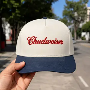Chudweiser Embroidered Baseball Hat - Custom Script Graphic Trucker Cap - Two-Tone Cream and Navy Blue Snapback Hat - Trendy Streetwear Headwear - Premium Quality Stittchhhhing Vintage Style Baseball Cap