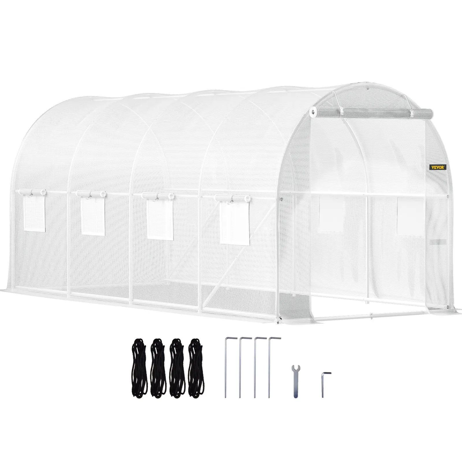 VEVOR 15x6.5x7 ft Walk-in Garden Greenhouse, Portable Outdoor Galvanized Metal Frame Hoop House with Poly Tunnel Structure, 1 Top Beam, Diagonal Poles, Roll-up Door, 8 Mesh Roll-up Windows, All Tools Included, White (Father's Day Gift)