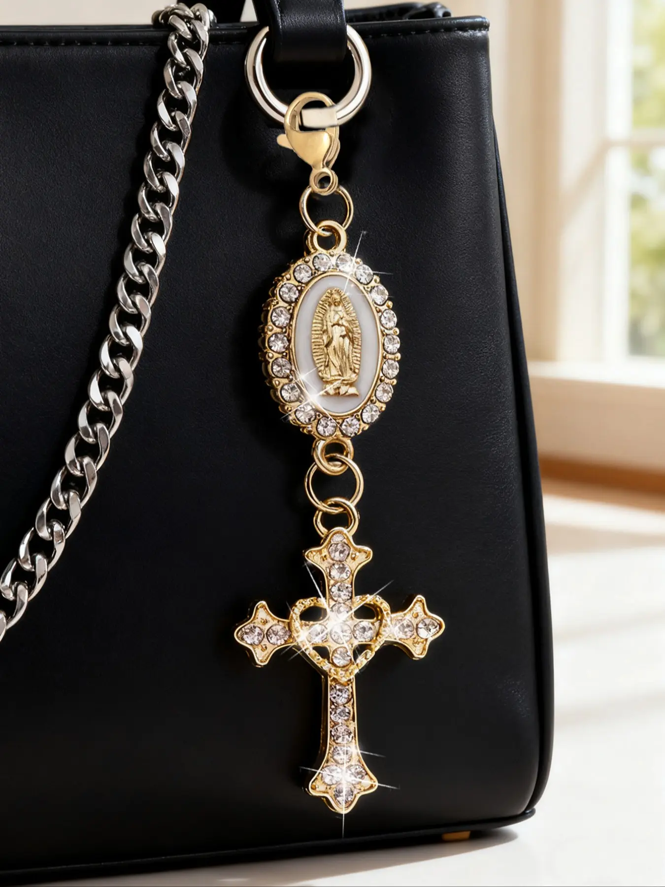 Christian Amulet Keychain With Love And Rhinestone Cross, Pendant Decorated With The Virgin Mary, Pearl And Diamond Amulet - Gothic Cross Keychain, Keychain For Bags, Bag Amulet, Cross Pendant, Decorative Wallet Backpack Accessories