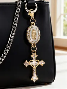 Christian Amulet Keychain With Religious Love And Rhinestone Cross, Pendant Decorated With The Virgin Mary, Pearl And Diamond Amulet - Gothic Cross Keychain, Bag Amulet, Cross Pendant, Decorative Wallet Backpack Accessories, Headphone Bag Accessories
