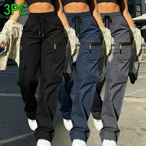 Women’s summer lightweight, soft fabric cargo pants three-piece set — casual outdoor long pants with drawstring and decorative zipper design (no back pockets), multiple pockets, adjustable waistband (also available in plus-size women’s long pants).