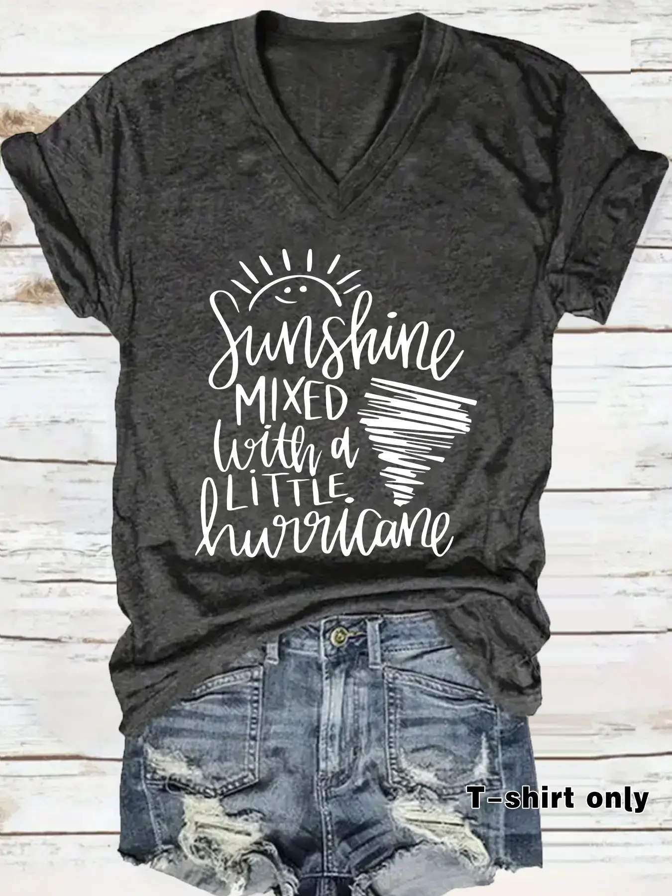 Women's Sun & Hurricane Printed T-Shirt, Soft Elastic Lightweight V-Neck Short Sleeve Top Fit, Casual Summer Spring Tee, Vacation Wear, Comfortable Shirt