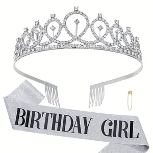 2Pcs Birthday Girl Tiara & Sash Set ✨ 3 Colors Bling Rhinestone Crown + Glitter Sash for Bachelorette/Festive Party! Birthday Celebration Perfect Birthday Queen Accessory Birthday Crowns 🎉