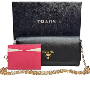 Pre-owned PRADA leather Crossbody Bags Black Saffiano/Calfskin Wallet/Card Holder with Chain