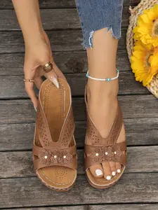 Women's Floral Wedge Sandals, Hollow Out PU Leather Design, Comfortable Soft Sole, Perfect for Summer Vacation & Daily Wear