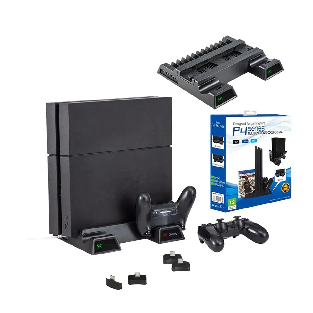 Multifunctional Compact Cooling Stand for PS4 Game Console, 1 Box Cooling Fan Base with USB and Dual Controller Charging Station, Console Accessories for PS4 Slim Pro