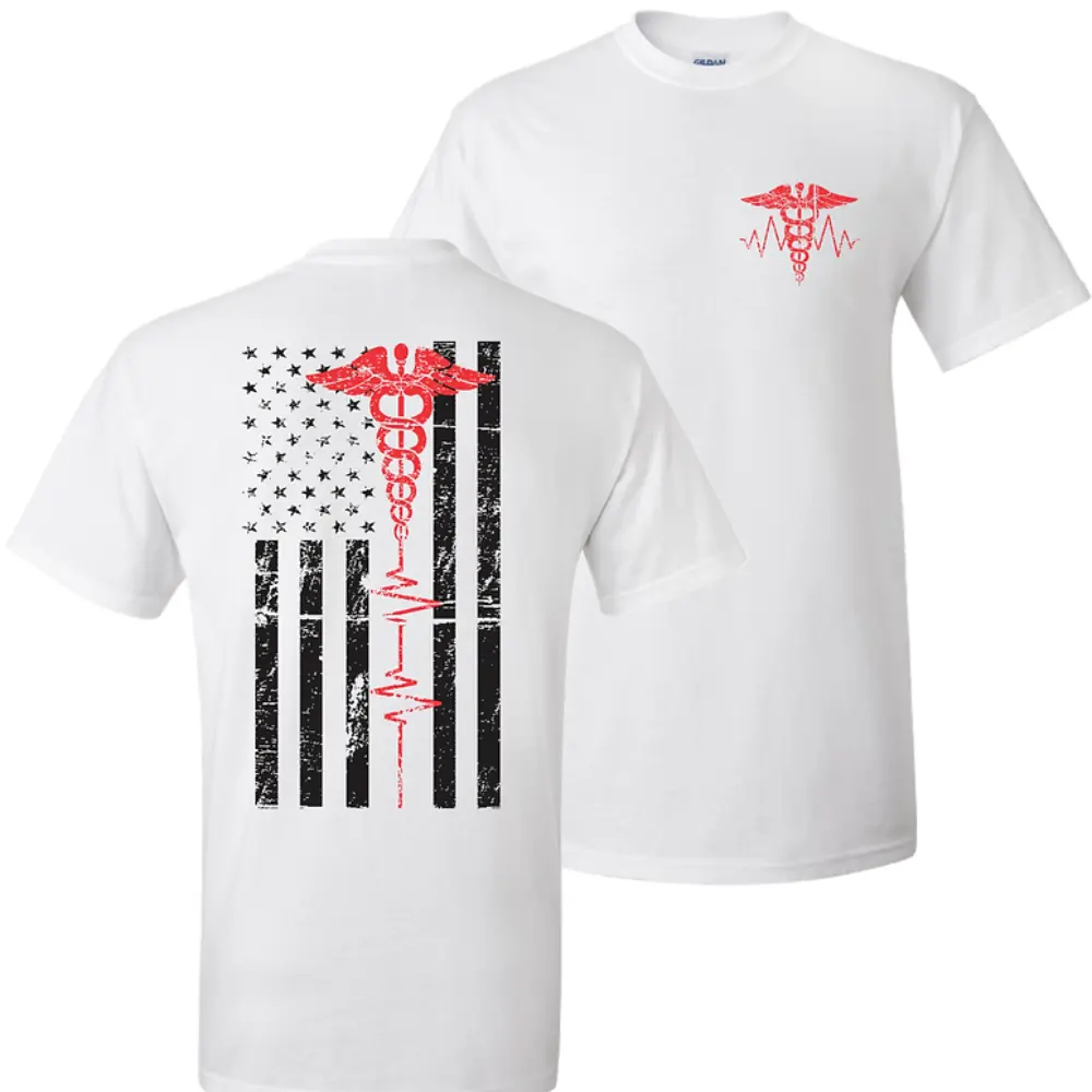 Patriotic Short-Sleeve Casual EMS Medical Flag Top, Vintage Graphic Tee with Caduceus & Heartbeat Line, Soft Cotton Blend Women's Clothes, EMT Paramedic Apparel, Hero Gift Idea, Shortsleeve, Tops, Ems Symbol, Tshirt, Vintage Print, Unisex Fit, Ems Symbols