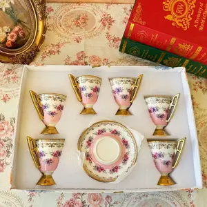 6-Piece Floral Ceramic Coffee Cup & Saucer Set, Black Tea Breakfast Cup,Women, Snack Plates, Cake Plates, Afternoon Tea Cups, Latte Cups,  Home, Garden Party, Restaurant, Garden Gatherings,Café,Pink, Red