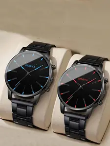 2Pcs Men's Simple Fashion Analog Quartz Watch Set, Classic British Style, Alloy Case, Mineral Glass Dial, All Seasons Wear