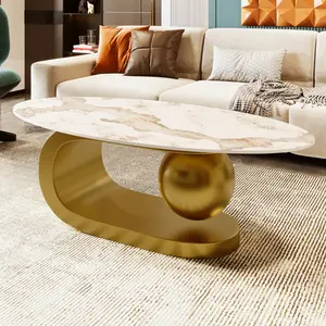 Modern Oval Living Room Coffee Table - 47.2" Marble Pattern Sintered Stone Tabletop, Gold Stainless Steel Base, Living Room Tables