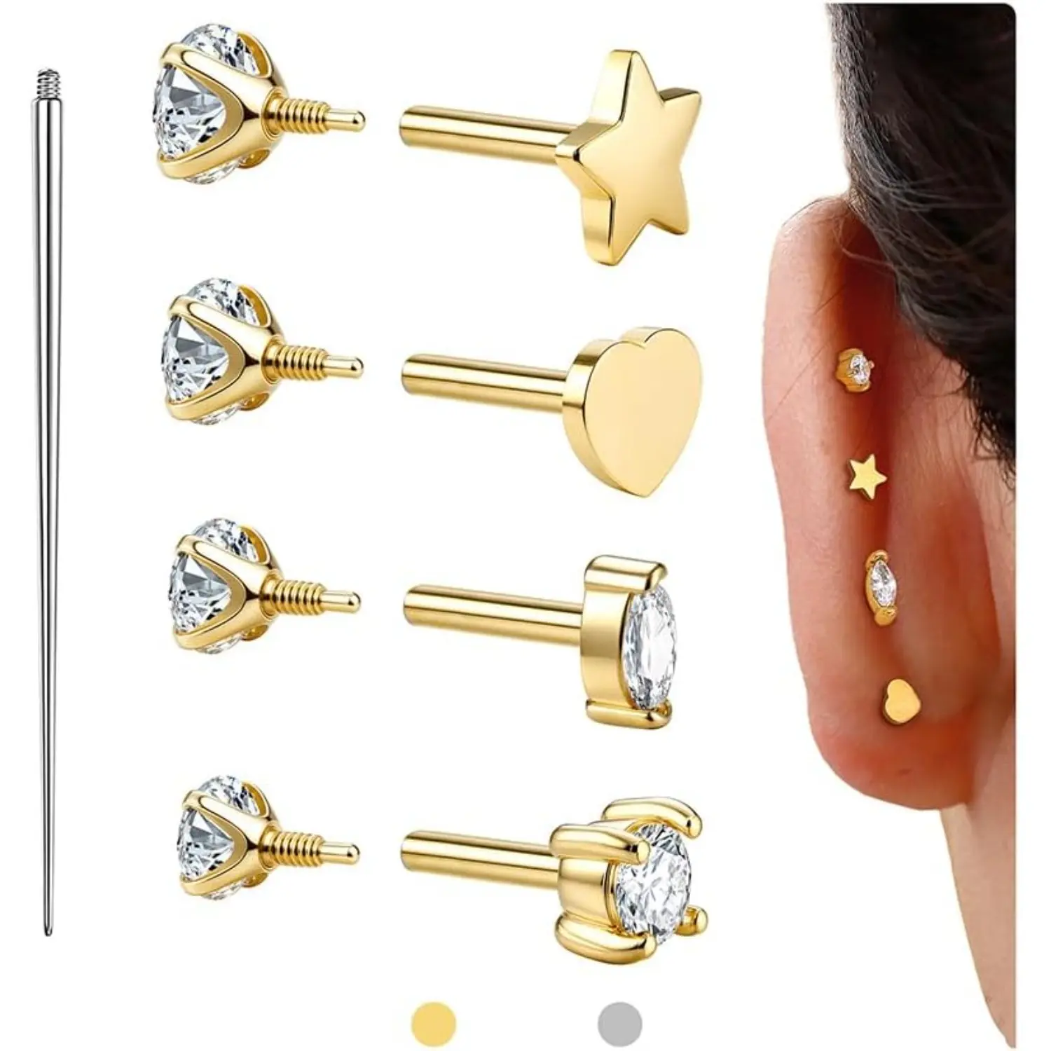 CASSIECA 18G Gold-Plated Surgical Steel Earrings Set - Hypoallergenic Flat Back Extended Thread Studs, Gold Piercing Jewelry for Helix, Cartilage, Women's Casual Daily Accessories for Women
