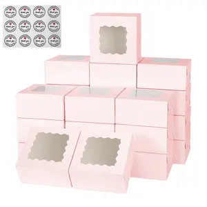 Cookie Boxes, 3.39'x3.39'x2.48' Bakery Box with Window for Treats, Chocolate Covered Strawberry, Donuts, Pastries, Cake Pop Pink