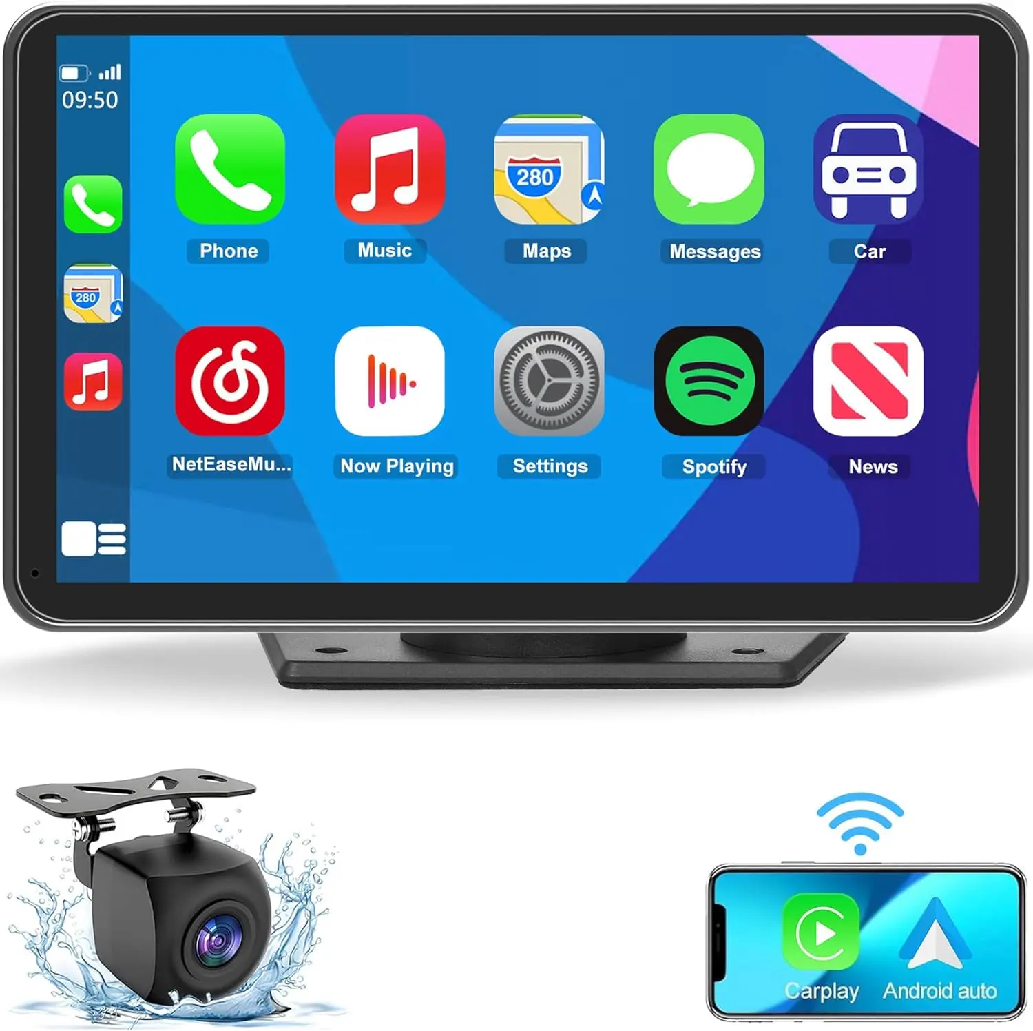 WHATOOK Portable Wireless Car Stereo Car Monitor - Screen with Apple CarPlay, Android Auto, AirPlay, Mirror Link Functionality for Vehicles