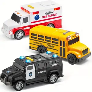 Friction-Powered Toy School Bus, Police Car, Ambulance & Student Bus with Lights & Sound Effects – Safe, Educational & Reliable, Ideal Gift for Boys & Girls