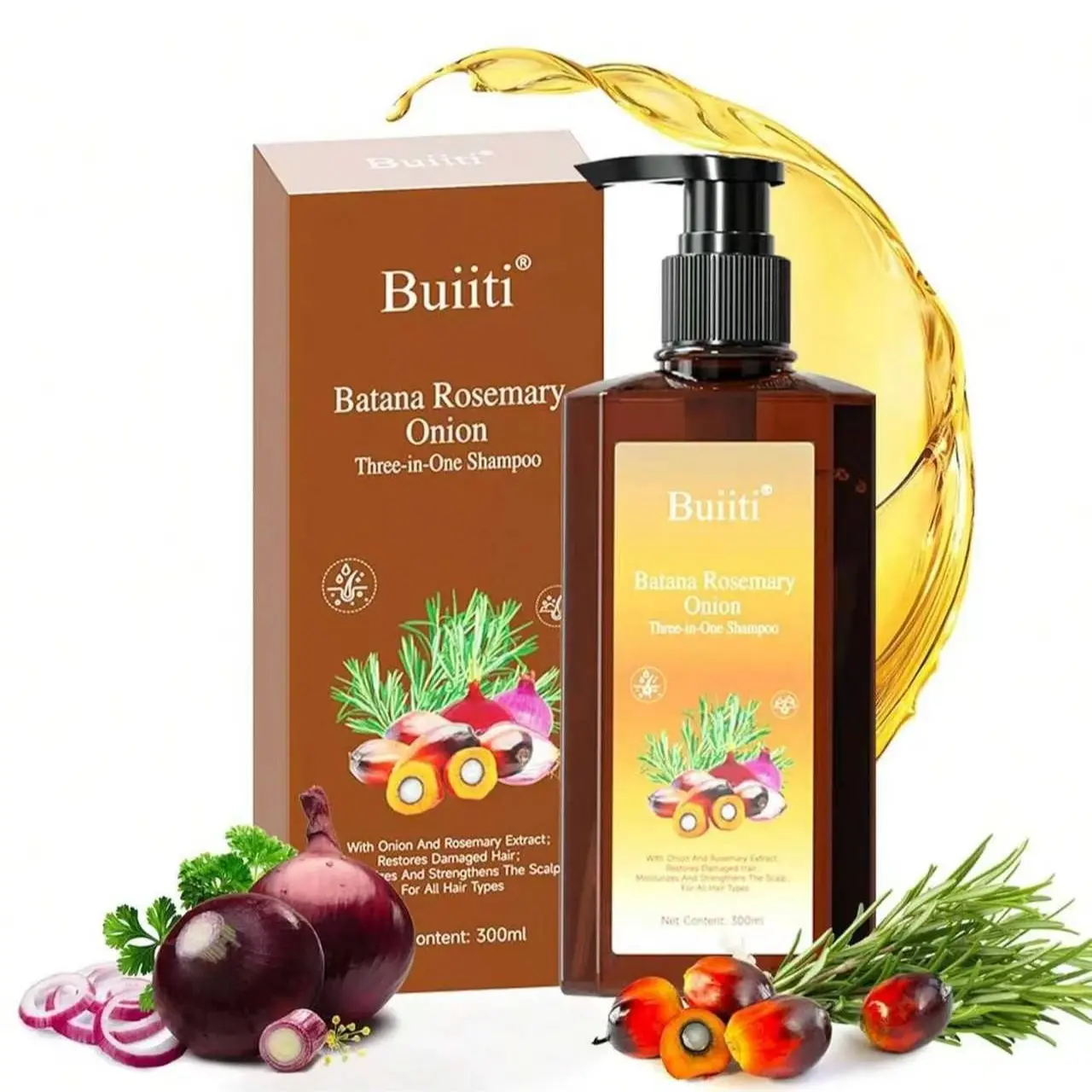 Buiiti Three-In-One Haircare Daily Hair Wash Shampoo 300ML, Contains Batana, Onion, Rosemary Essence, Nourishes Scalp, Reduces Breakage, Controls Oil, Removes Dandruff, Smooths Hair, Silky