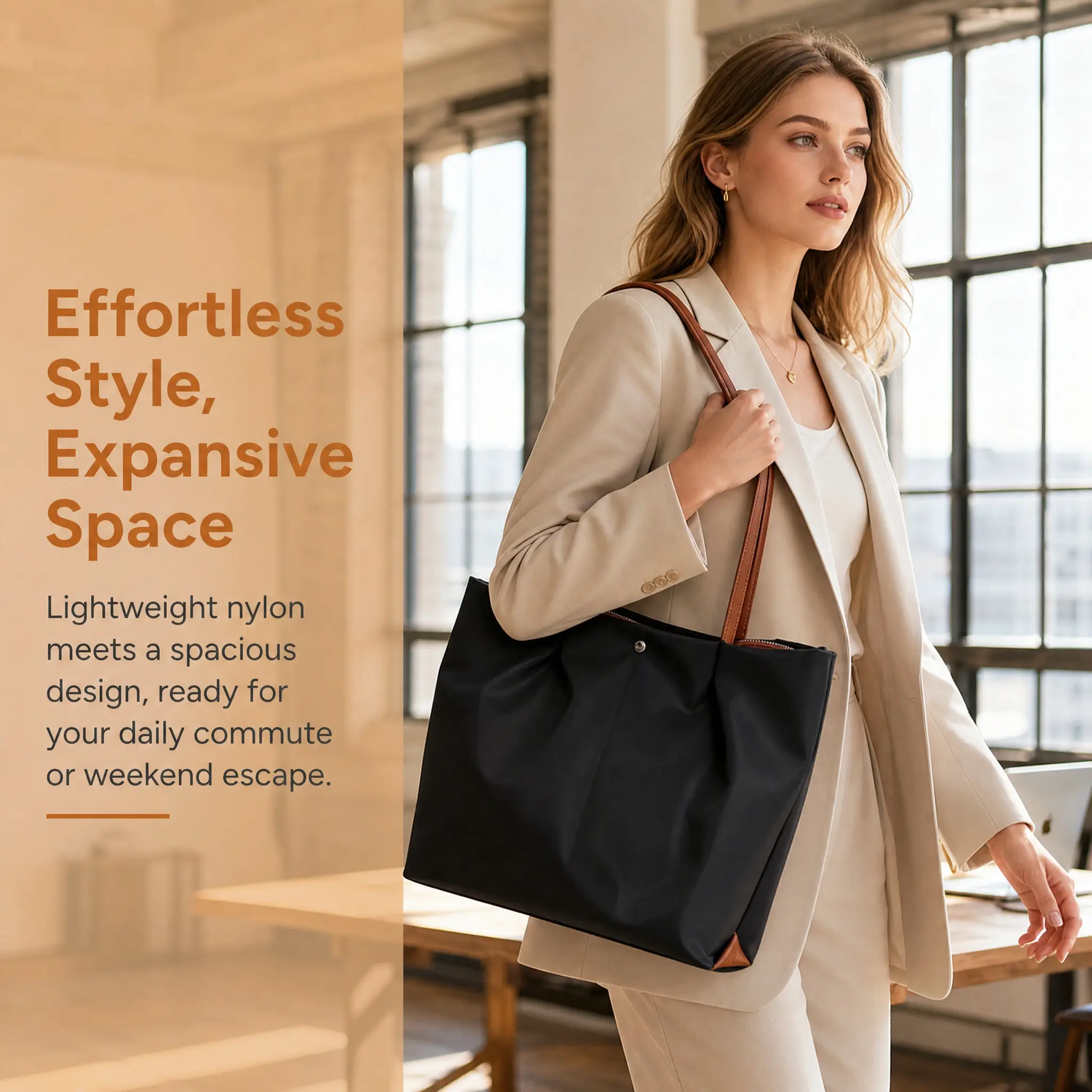 Women's Nylon Tote Bag with Shoulder Strap, Lightweight Multi-Compartment Handbag for Work, Fits 13" Laptop, Water-Repellent Personal Item Bag for Travel & Flights, Waterproof, Clean-Girl, Casual, High-Capacity, Casual Commuter Bag, Handbag Shoulder Bag