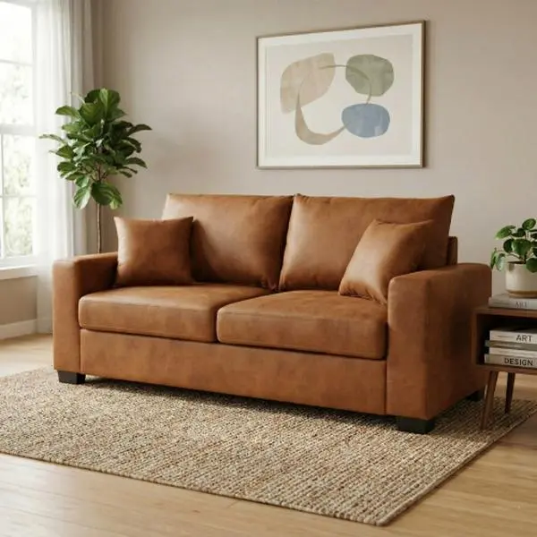 69" Mid-Century Faux Leather Loveseat, Compact 2-Seater Sofa with 2 Matching Throw Pillows, Cozy Artificial Leather Upholstered Comfy Sofa, Space-Saving Furniture for Small Spaces (Light Brown)
